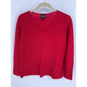 EILEEN FISHER 100% Wool Sweater Women PL Red V-Neck Ribbed Knit  Italian Yarn